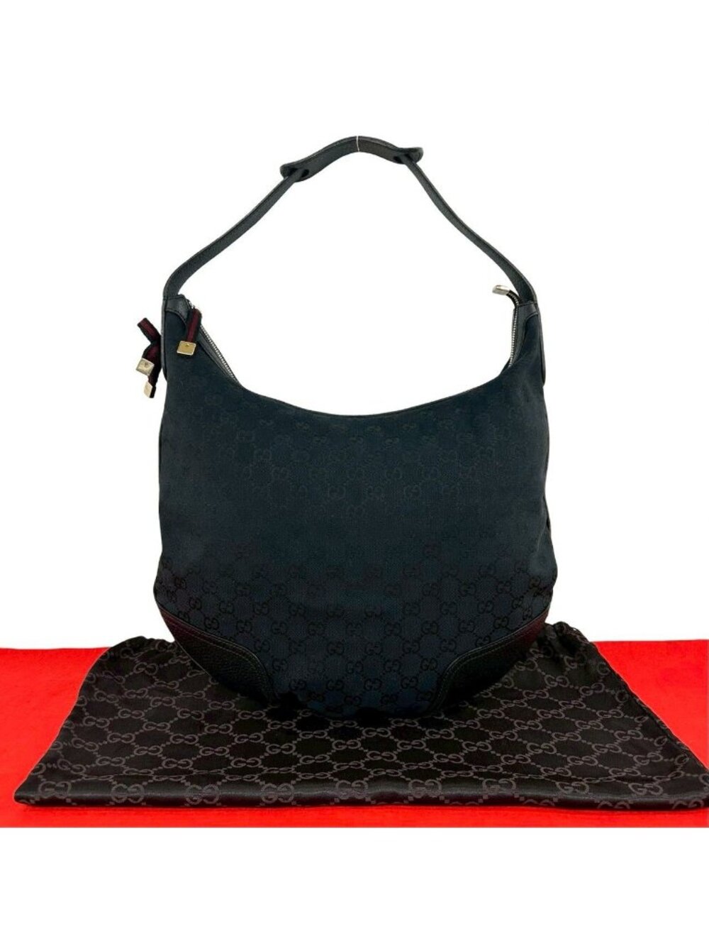 Gucci Prince Sherry Line GG Pattern Canvas Leather Hobo Shoulder Bag Navy